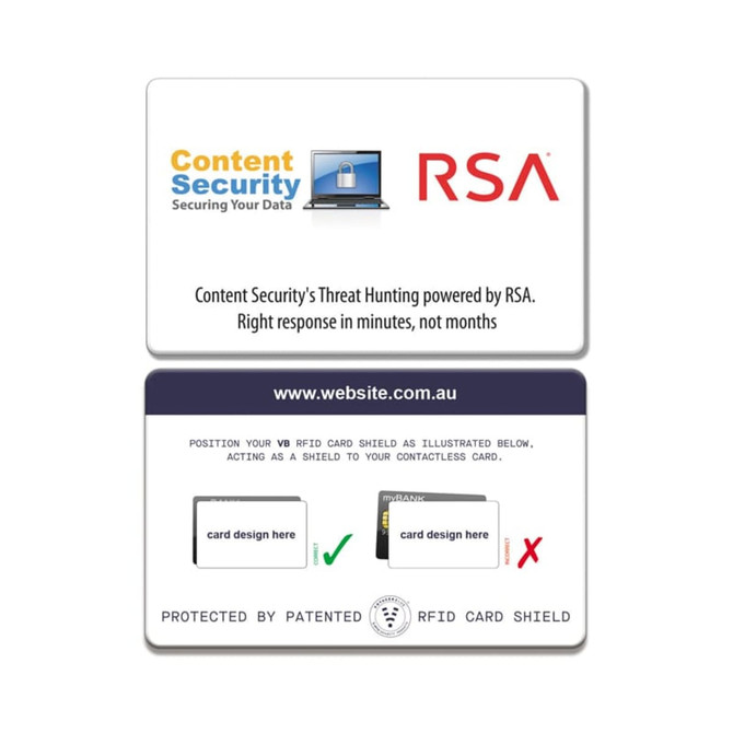 A rectangular RFID card shield featuring a logo and text, designed to protect contactless cards.