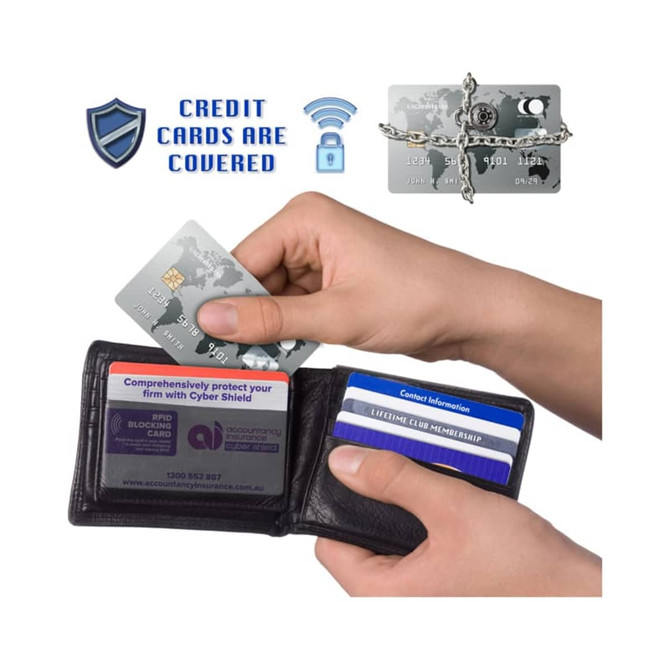 A black wallet holding multiple cards with an RFID card shield visible at the back, featuring a metallic design.