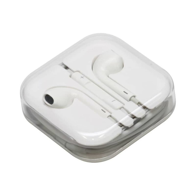 A pair of white Razor cabled earphones packaged in a clear plastic case, featuring a logo.