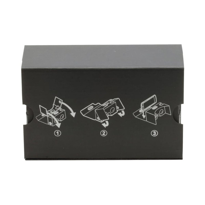 A black box featuring instructional illustrations for assembling virtual reality glasses. It has a design with flaps for easy access.