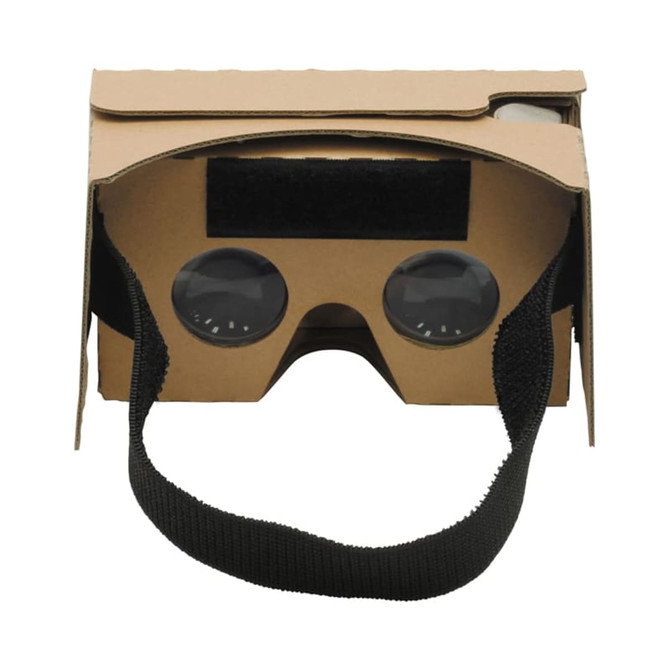 Cardboard virtual reality glasses with a black strap and two circular lenses, designed for smartphone use.