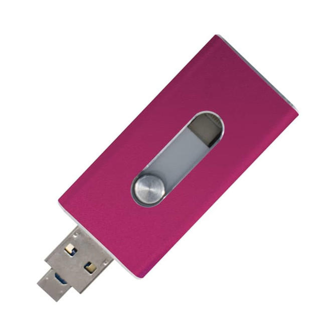 A pink USB flash drive with a sliding mechanism and a metallic finish, featuring a small window and branding.