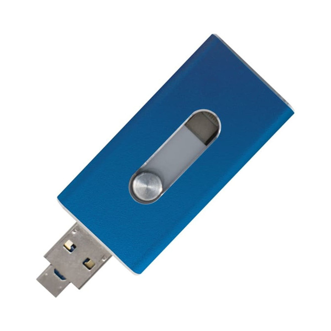 A blue USB flash drive with a retractable connector and a transparent window, featuring a logo on its surface.