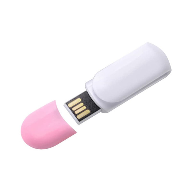 A pink and white Melrose Clip Flash Drive with a cap removed, revealing the USB connector.