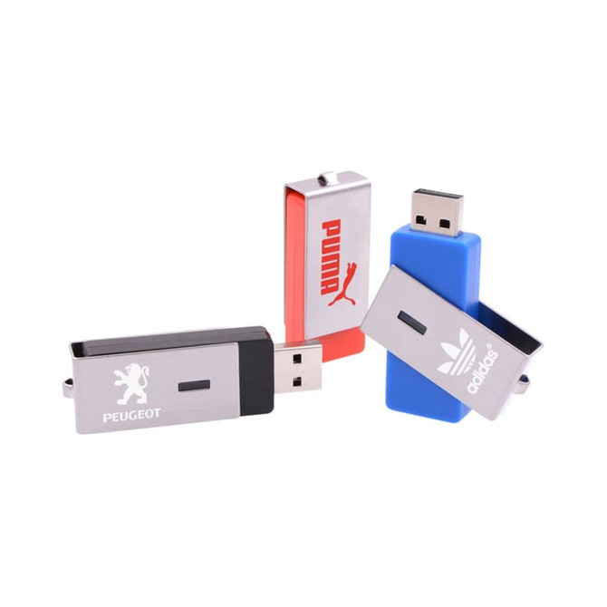 Four flash drives in various colours: silver, red, blue, and black, featuring logos on some.