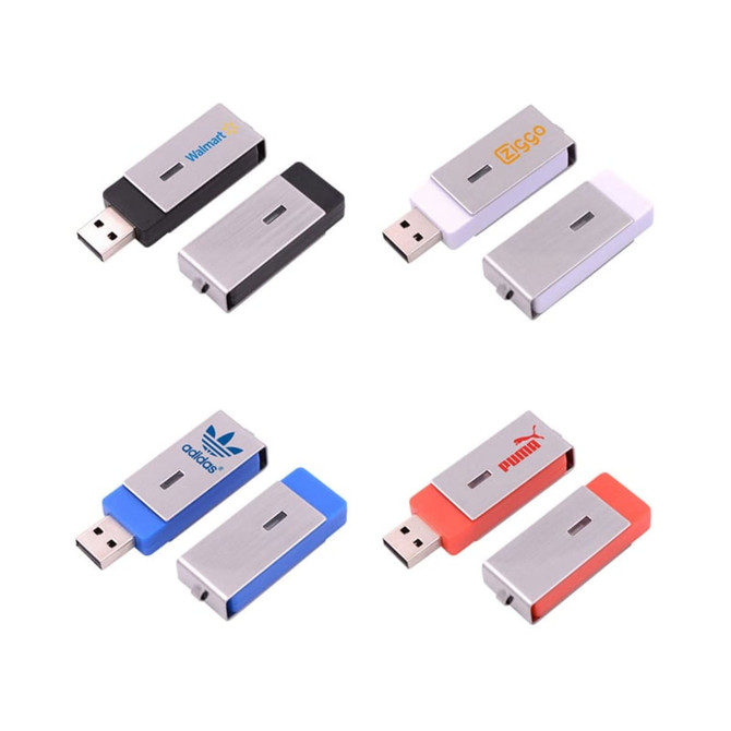 A set of six swivel flash drives in various colours: black, silver, white, blue, red, and with logos.