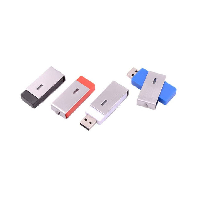 A set of four Ginan Swivel Flash Drives in black, red, white, and blue with a sleek metallic finish.