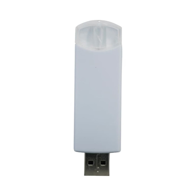 A white flash drive with a clear cap, featuring a logo on the surface.