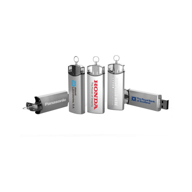 A group of silver metal flash drives featuring various logos and designs, each with a keychain attachment.