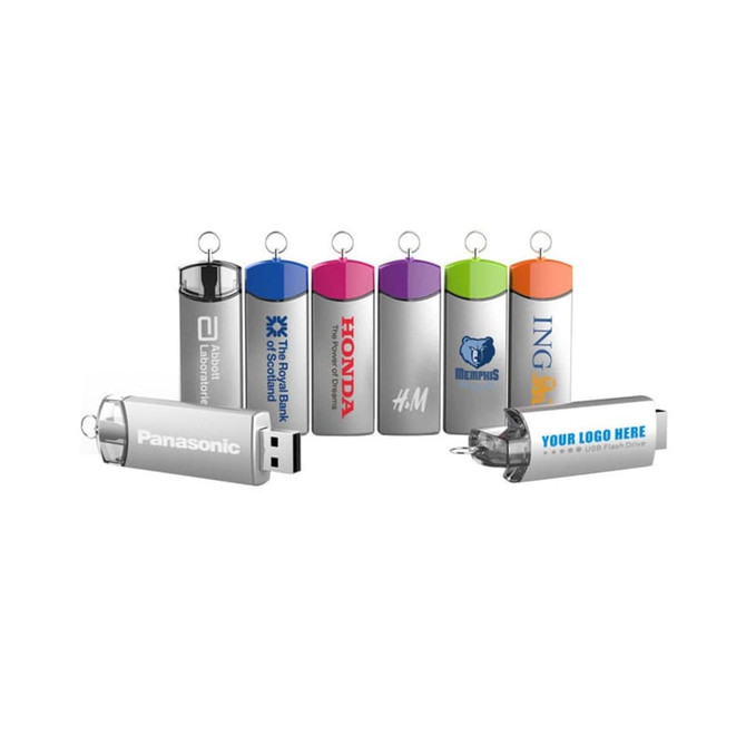 A range of metal flash drives in various colours, featuring several branding logos and a keychain loop.