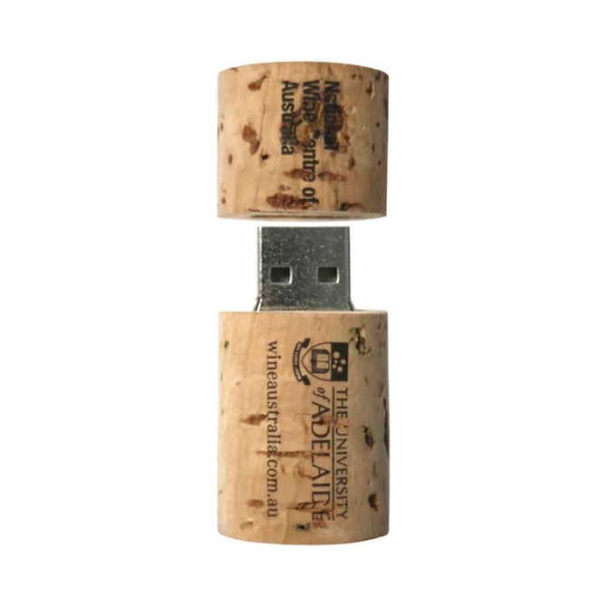 A cork flash drive with a small wooden cap, featuring a logo and a metallic USB connector.