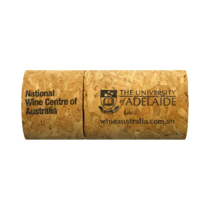 A cork flash drive featuring a natural cork texture and branding from the University of Adelaide.