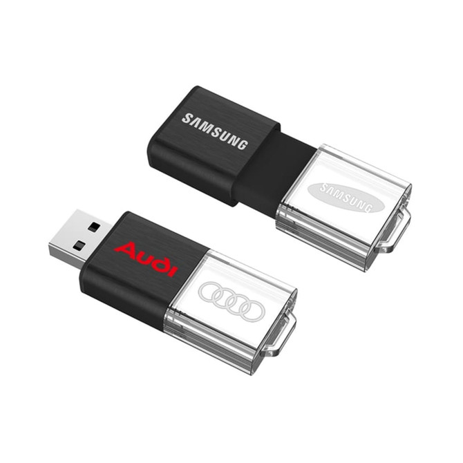 A black and transparent flash drive featuring a logo, with a retractable connector and keyring attachment.