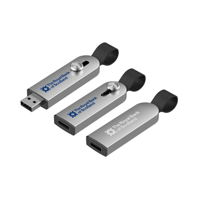A silver Avior Flash Drive with a logo, featuring a USB-A and USB-C connector, and a rubber loop for attachment.