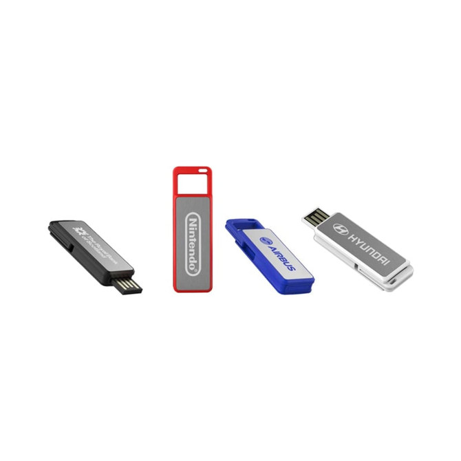 A collection of four flash drives in black, red, blue, and silver, each featuring different designs and logos.