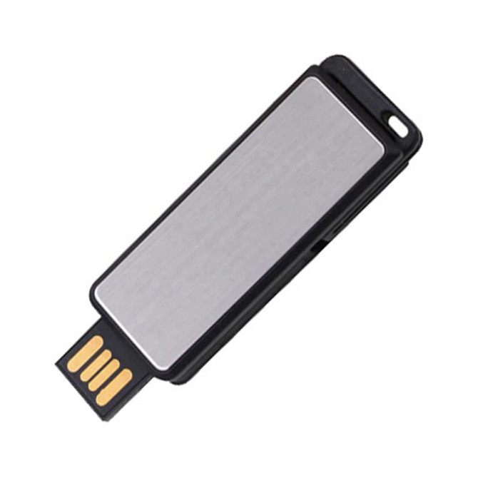 A sleek black and silver flash drive with a metallic finish and a connector at one end.