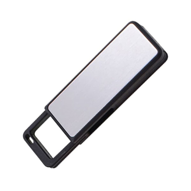 A black and silver flash drive with a sleek design and a branding logo.