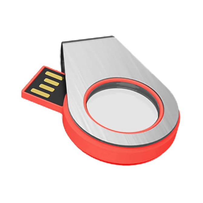 A red and silver light-up flash drive with a circular design and USB connector. It features a branding logo.