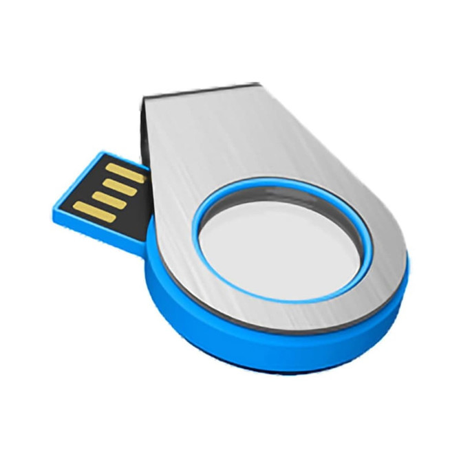 A light-up flash drive with a sleek silver and blue design, featuring a round connector and a branding logo.