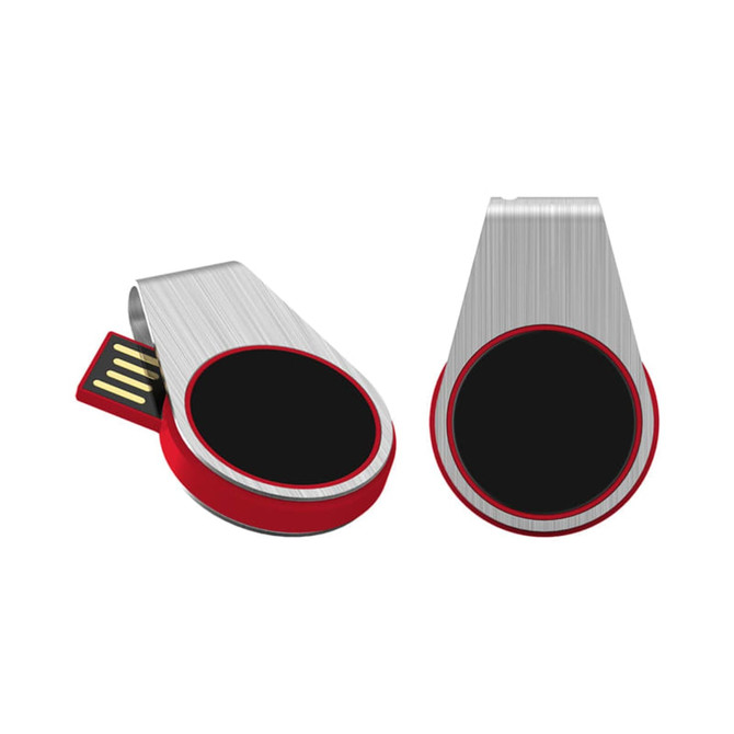 A silver and red LED flash drive with a circular black section and a retractable USB connector.