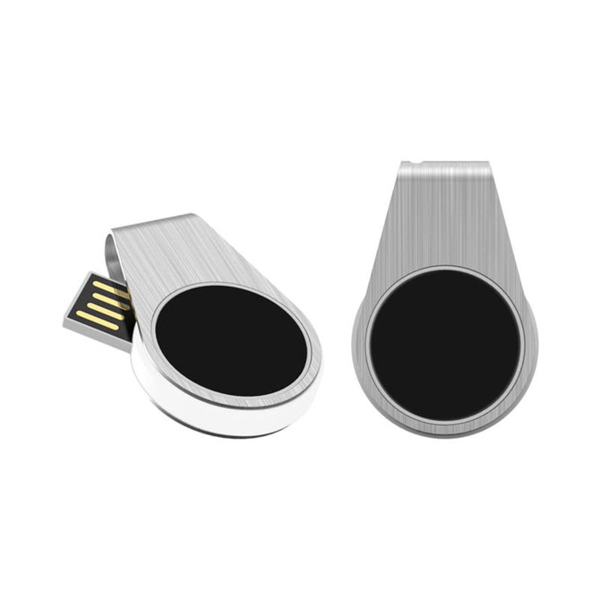 A silver and black Monika LED flash drive with a sleek design and a logo displayed on it.