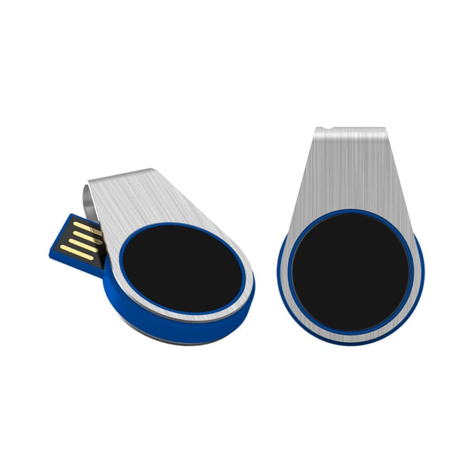 A blue and silver LED flash drive with a retractable connector and a circular black area on the front.