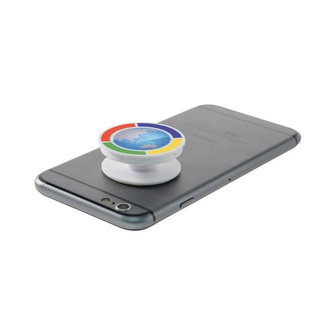 A white pocket socket phone stand is attached to a grey smartphone, featuring a multicoloured design on top.