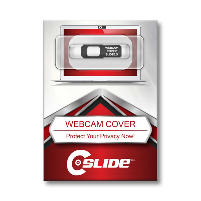 A webcam cover slide in black and white, displayed on a silver background with a logo.