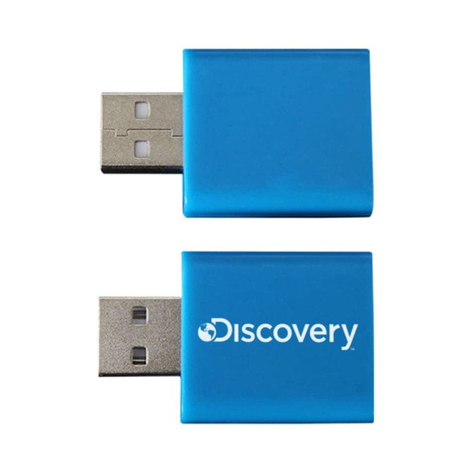 A blue USB data blocker featuring a silver connector and a logo on one side.