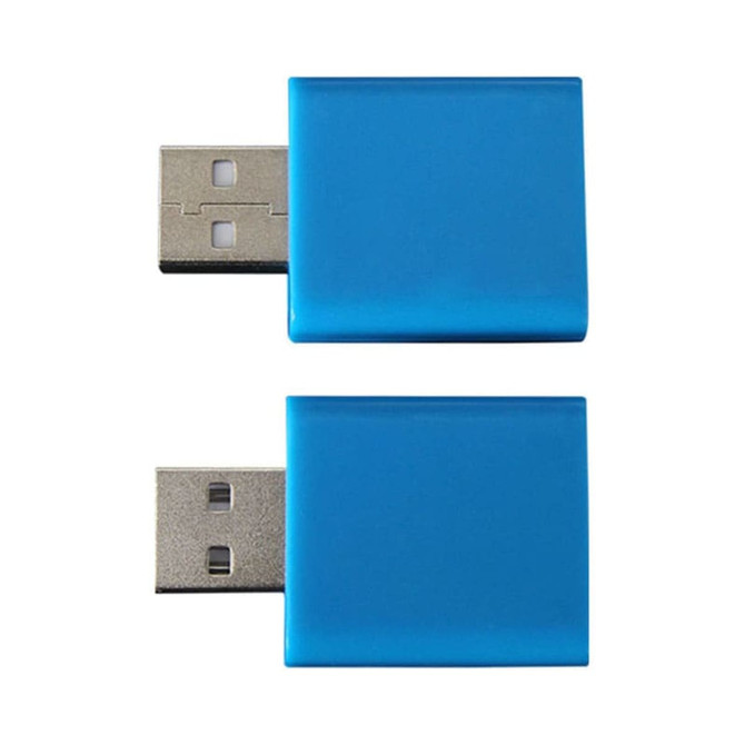 A blue USB data blocker featuring a rectangular design with metallic connectors on one end.