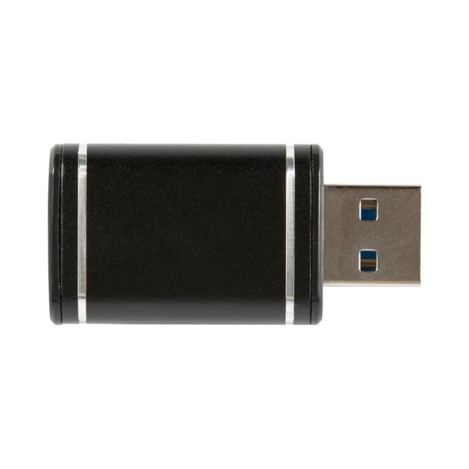 A black USB data blocker with silver accents, featuring a standard USB connector.