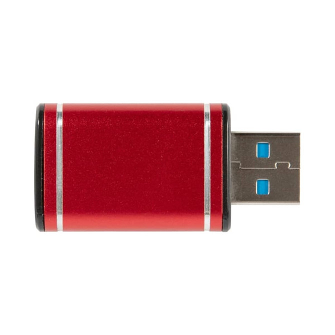 A red USB data blocker with a metallic finish and a black trim, featuring blue USB connectors.