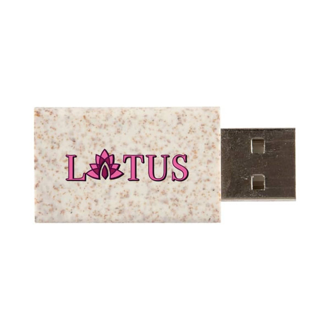 A USB data blocker with a textured, beige wheat straw design featuring a logo on the surface.