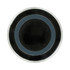 A round, black wireless charger with a grey accent ring and a sleek, glossy surface. Features a branding logo.