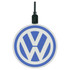 A round blue and white wireless charger featuring a logo, with a black charging cable attached.