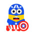 A custom moulded wireless charger in blue and yellow, shaped like a cartoon character with a shield.