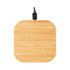 A square bamboo wireless charger with a black cable attached, featuring a smooth wooden texture.