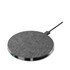 A round, grey wireless charger with a textured surface and a connecting cable. It features a small indicator light.