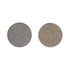 Round wireless chargers in grey and beige tweed fabric with a metallic edge. Each has a branding logo.