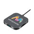 A square wireless charger in grey fabric with a black base, featuring a logo on the surface.