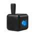 A compact black Bluetooth speaker with a light-up design and a hanging loop, featuring a logo on the front.