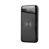 A black wireless power bank with a digital display and a logo on the surface. It has a 10,000 mAh capacity.
