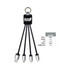A charging cable in black and silver, featuring multiple connectors and a keyring attachment. It has a logo on the shell.