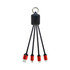 A charging cable with a black rectangular holder and four red connectors, including USB, Micro-USB, and Lightning.