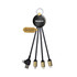 A charging cable in black and gold with multiple connectors, featuring a round logo and a keyring attachment.