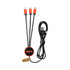 A charging cable with three connectors, featuring orange accents and a black braided design. It includes a logo.