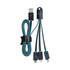 A black and blue multi-charge flat charging cable with multiple connectors and a logo on one end.