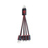 A flat charging cable in black and red with multiple connectors, featuring a logo and a keyring attachment.