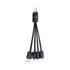 A black multi-charge flat cable with multiple connectors and a keyring for easy carrying. It features a logo.