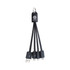 A black multi-charge flat cable with multiple connectors for different devices and a loop for attachment. It has a logo.